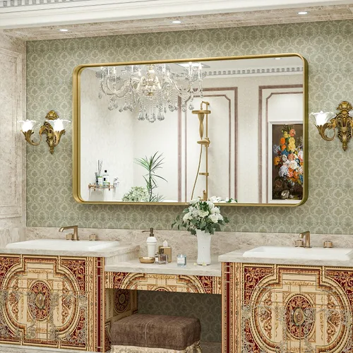 Miniatura 8 de TokeShimi Espejo de baño dorado para pared, de 48 x 30 pulgadas, espejo rectangular de esquina redondeada de metal, espejo de pared en aleación