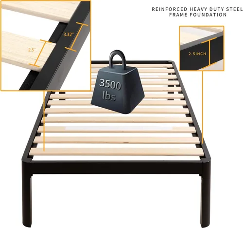 Miniatura 3 de MAF - Base de cama de plataforma de 14 pulgadas para cama individual con listones de madera, base de cama de metal resistente de 3500 libras