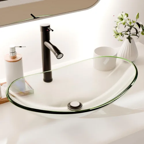 Miniatura 9 de Lavabo de Recipiente Lavabos de Baño Vidrio Templado Azul Cuenca de Arte 20.8"x13.7" Cuenco Ovalado Sobre Encimera con Grifo y Desagüe Pop-Up Combo