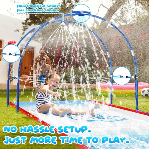 Miniatura 6 de Tobogán acuático de césped de 23 pies con marco de metal doble y sistema de riego independiente, tobogán de agua para patio trasero de niños