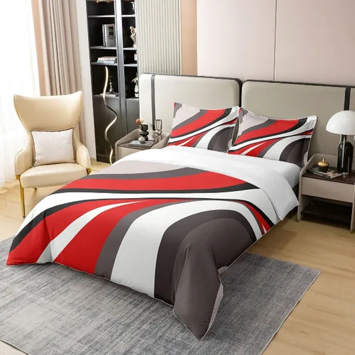 Miniatura 2 de Erosebridal Juego de ropa de cama geométrica de 100 % algodón, tamaño individual, funda de edredón de remolinos rojos, blancos y grises, funda