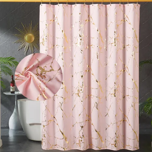 Miniatura 9 de Cortinas de ducha de mármol blanco y dorado para baño, cortina de ducha con destellos y ganchos, impresión única de oro en lámina, impermeable