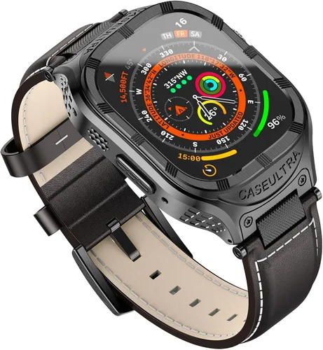 Funda de acero inoxidable compatible con Apple Watch Ultra 2 correas para hombres de 1.929 in 1.772 in 1.732 in 1.654 in, correa de cuero genuino