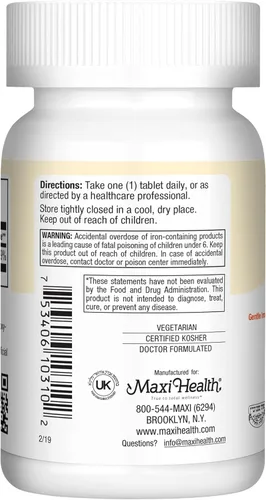 Miniatura 8 de Maxi Health Suplemento de hierro para mujeres y hombres – Hierro suave 25 mg para el estómago – Pastillas no estreñimiento* – Kosher – Sin OGM
