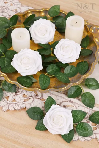 Miniatura 414 de N&T NIETING Flores artificiales, rosas artificiales de color rosa intenso, 50 piezas de flores falsas con tallo para ramos de boda DIY, centros