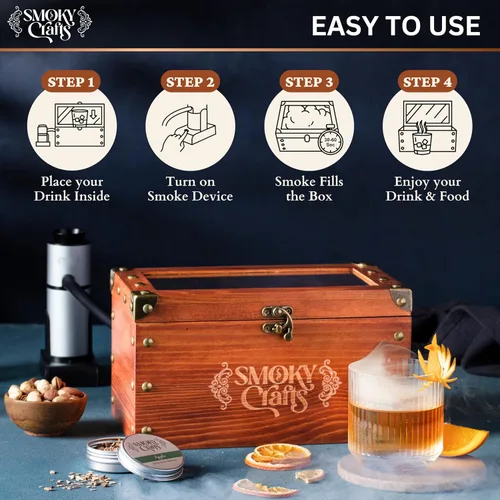 Miniatura 6 de Kit Ahumador de Cócteles a la Antigua de Smoky Crafts - Kit Ahumador de Whisky con Pistola para Ahumar, Caja de Ahumado para Cócteles, Bandeja