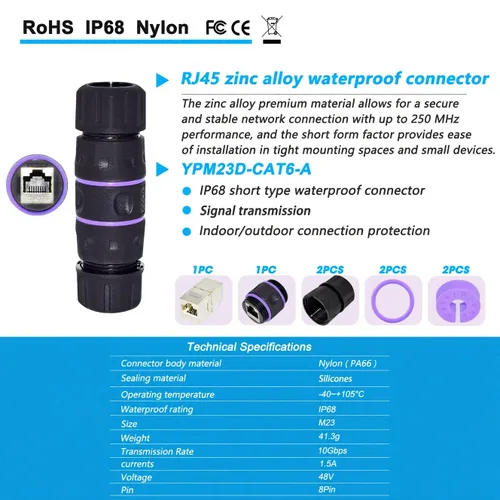 Miniatura 5 de Y.D.F Acoplador RJ45 impermeable IP68, acoplador Ethernet de cobre puro blindado, acoplador Gigabit IP68 impermeable Ethernet al aire libre conector