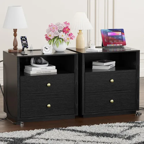Miniatura 41 de Mesita de noche con 2 cajones de almacenamiento, mesa auxiliar moderna para dormitorio con asa recortada, mesitas de noche grandes para dormitorio