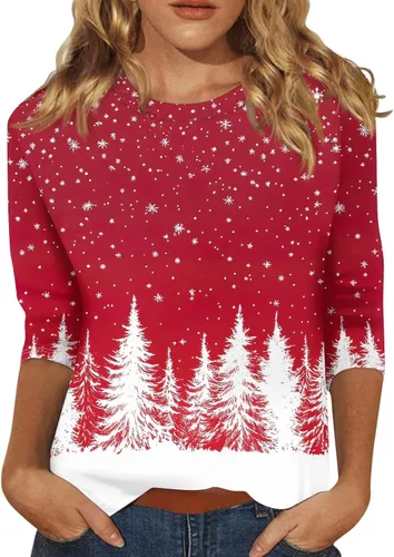Miniatura 124 de Camisetas de manga 3/4 para mujer, cuello redondo, holgadas, casuales, con estampado floral, camisetas de moda para el trabajo de negocios