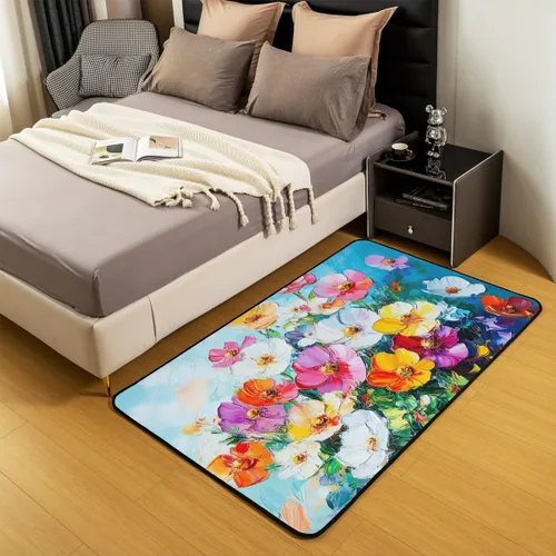 Miniatura 5 de Alfombra retro floral bohemia para sala de estar, alfombra de área de 5 x 7 pies para niños, pintura al óleo y flores, alfombra decorativa