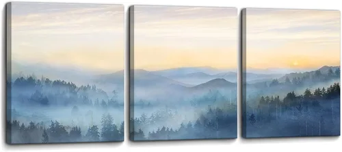 Miniatura 7 de Decoración de pared para dormitorio, 3 paneles, estampado de bosque brumoso con salida del sol, arte de pared para sala de estar, baño, lienzo