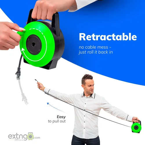 Miniatura 2 de Extensor de cable Ethernet CAT6 retráctil de 33 pies - Cable de red portátil plano con conectores RJ45 macho-hembra, velocidad de 1 Gbps, carrete UTP