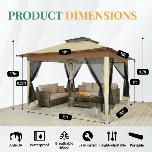 Miniatura 3 de COBIZI 12x12 Pop Up Canopy Portable Gazebo with Mosquito Nettings Upgrade Easy Up Metal Outdoor Gazebo Waterproof, 4 Ropes 8 Stakes and Carry Bag