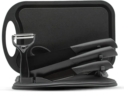 Magicorange Juego de cuchillos de cocina de 7 piezas, 5 cuchillos de acero inoxidable negros con fundas, tabla de cortar y un bloque de cuchillos,