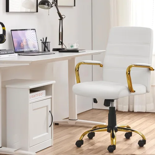 Miniatura 2 de Topeakmart Silla de escritorio de oficina Silla ejecutiva de cuero sintético ajustable con marco dorado asiento blanco Blanco y dorado