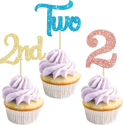 Miniatura 13 de 24 piezas de adornos para cupcakes de tercer cumpleaños, adornos para cupcakes de tercer cumpleaños con purpurina, tres adornos para cupcakes