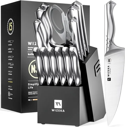 WIZEKA Juego de cuchillos de cocina con bloque: juego de 15 piezas de cuchillos de chef profesionales ultra afilados con afilador, juego de bloque