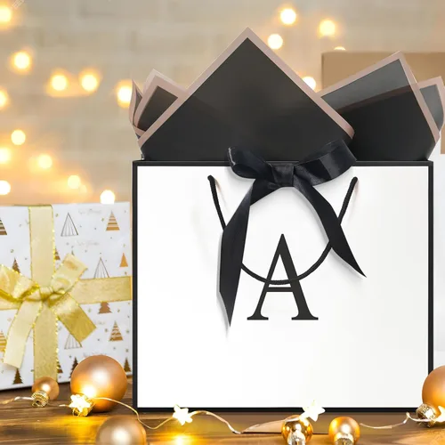 Miniatura 5 de QLSKO - Bolsa de regalo con monograma personalizada, bolsa de papel con inicial personalizada con tarjeta, sobre a juego, cinta con lazo y papel