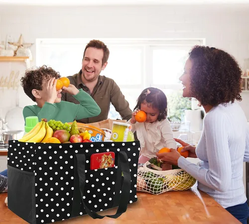 Miniatura 5 de BeeGreen Black Dots - Bolsa grande para mujer, con asas de transporte, espaciosa bolsa de almacenamiento de comestibles plegable