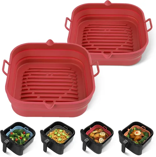 Miniatura 9 de [Paquete de 2] Forros cuadrados de silicona para freidora de aire – Cesta reutilizable para freidora de aire – Olla fácil de limpiar para freidora