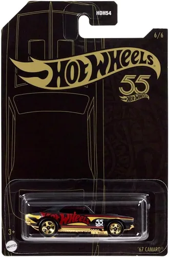 Miniatura 5 de Hot Wheels - Vehículo coleccionable fundido a presión, edición 55 aniversario, negro y dorado, inspirado en el auto deportivo Chevy Camaro del 67 ~