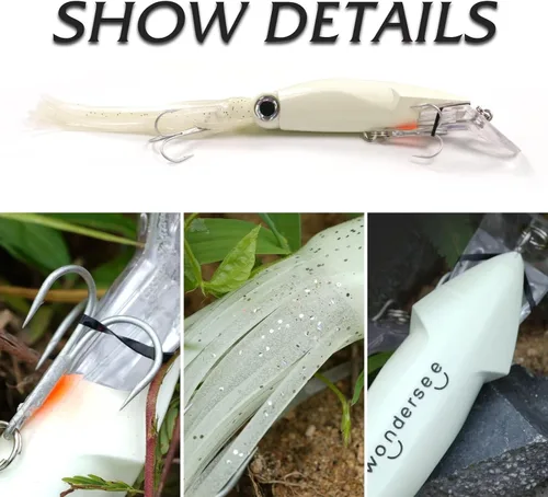 Miniatura 6 de Wondersee Kit de Señuelos de Pesca de Calamar Suaves y Duros Swimbait Crankbait Jig de Simulación Pesado Holográfico 4 PCS Rojo y Negro