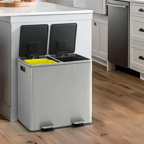 CAPHAUS Cubo de Basura Dual con Tapa Doble, Combo de Cubos de Basura y Reciclaje, Cubo de Basura de Acero Inoxidable Sin Manos para Cocina, con 2