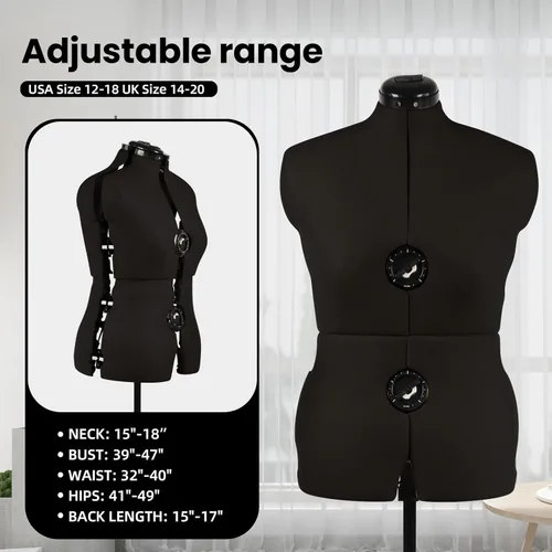 Miniatura 2 de Maniquí Ajustable para Vestidos Negro, Forma de Cuerpo Femenino de Talla 12-18, para Costura, Forma de Cuerpo con 13 Diales y Ruedas Desmontables