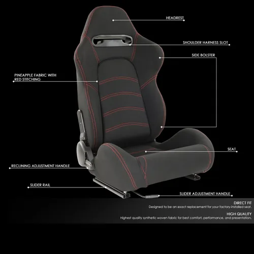 Miniatura 5 de DNA MOTORING RS-JBR-005-BK-RD - 2 asientos de cubo de carreras con respaldo ajustable, ajuste único y riel, compatibles con arnés de 4 puntos, tela