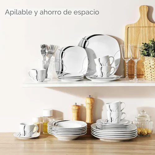 Miniatura 7 de VEWEET, Serie Fiona - Juego de vajilla de 30 piezas para 6 personas, blancos con rayas negras y grises, vajilla de porcelana de platos de postre
