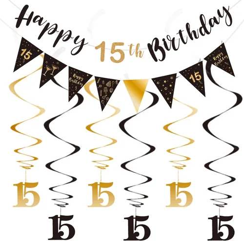 BRT Bearingshui Kit de decoración de cumpleaños número 15 para niños y niñas, pancarta de feliz cumpleaños 15, serpentinas de remolinos, pancarta de