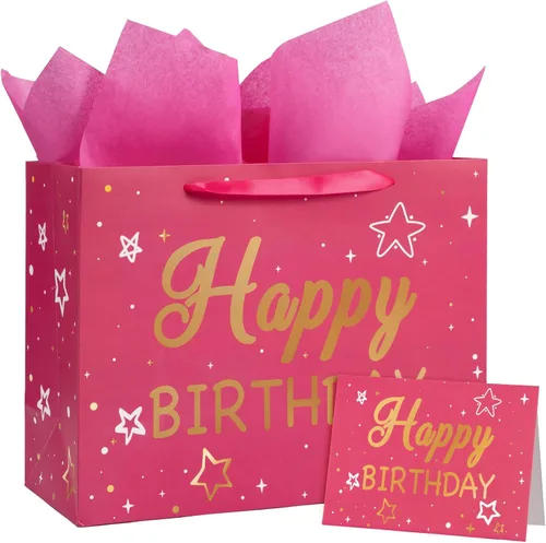 Miniatura 9 de WRAPAHOLIC Bolsa de regalo de cumpleaños grande de 13 pulgadas con tarjeta y papel de seda, bolsas de papel con letras de estrella negra y feliz