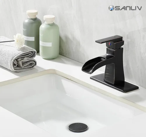 Miniatura 8 de Grifo de Baño de Cascada de Bronce Frotado con Aceite, Grifo de Lavabo de Baño Centerset de Una Sola Manija Sanliv con Desagüe Pop-Up y Placa