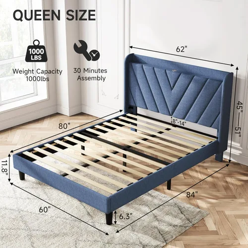 Miniatura 2 de koorlian - Marco de cama tamaño Queen con cabecero, plataforma tapizada ajustable con puertos tipo C y USB, cabecero abatible con almacenamiento
