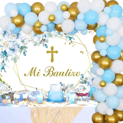 Miniatura 8 de Decoraciones de fiesta de bautismo, con telón de fondo verde Mi Bautizo, pancarta de globos verde salvia, kit de arco de guirnalda de arco