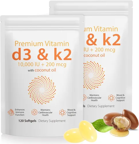 Vitamina D3 K2 de 10000 UI – 240 cápsulas blandas de aceite de coco virgen, suplemento complejo de vitamina D y K 2 en 1, cápsulas blandas de apoyo