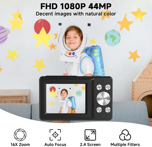 Miniatura 2 de Cámara digital, cámara compacta de 44 MP, cámaras digitales FHD 1080P para apuntar y disparar con zoom de 16X, detección facial, captura de Negro