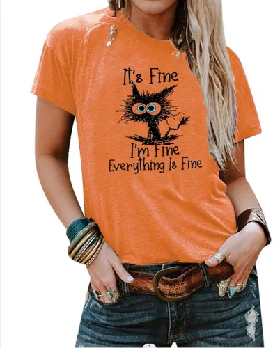 Miniatura 3 de Camiseta de manga corta con texto en inglés "I I'm Fine Everything is Fine" para mujer, de gran tamaño, casual, con estampado de gato