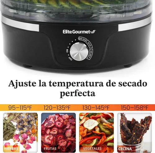 Miniatura 2 de Elite Gourmet EFD319 Deshidratador de alimentos, controles de temperatura ajustables, aperitivos de frutas, verduras, carne, sin bisfenol A, 5 Negro