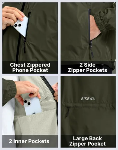 Miniatura 5 de Bikewa - Chaqueta de lluvia para hombre, impermeable, para ciclismo, con capucha, ligera, plegable, cortavientos para bicicleta, chaqueta de running