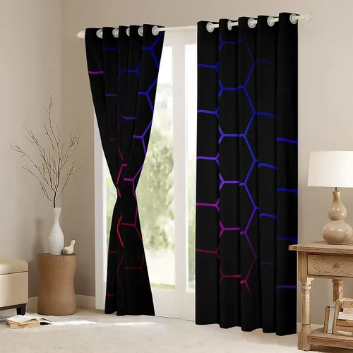 Miniatura 57 de Feelyou - Cortinas de ventana en forma de panal, tema geométrico hexagonal con luces de neón verdes, para chicos adolescentes y hombres, elegante