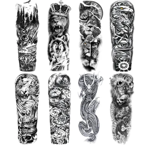 Adhesivos de manga de tatuajes falsos de lobo león, brazo completo, dragón animal, tribal, mangas temporales de tatuaje para hombres, mujeres y