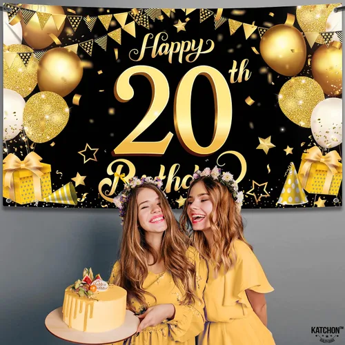 Miniatura 3 de KatchOn, Cartel de feliz cumpleaños número 20 negro y dorado – Grande, 72 x 44 pulgadas Cartel de 20 cumpleaños Saludos a los 20 años