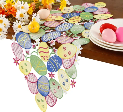 Miniatura 14 de Camino de mesa de Pascua, primavera, conejos, huevos, camino de mesa floral, bordado floral y conejos, huevos, bufanda, decoración de mesa