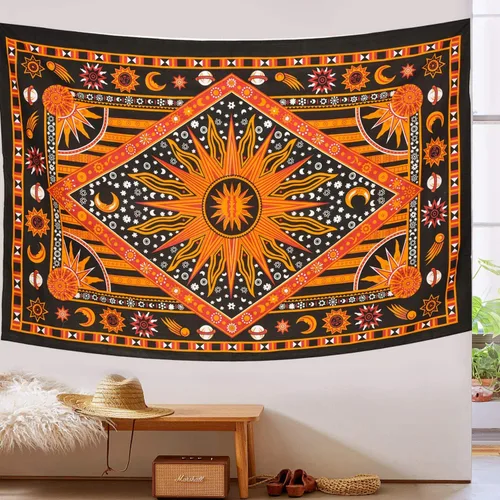 Miniatura 4 de ANJANIYA Tapiz Tie Dye Sol Ardiente, Tapiz Póster Bohemio de Sol Luna Estrella Planeta Celestial Colgante de Pared Tarot Boho Hippie Hippy Cobertor