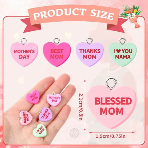 Miniatura 2 de Augshy 64 dijes para el día de la madre, cuentas de resina con forma de corazón, adorno de amor para mamá, colgante para manualidades, pulseras