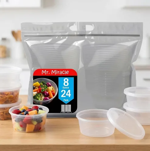 Miniatura 8 de Mr Miracle Recipientes de 8 onzas con tapas, paquete de 48 unidades de plástico transparente hermético, reutilizable, para alimentos y multiusos