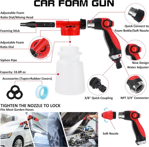 Miniatura 2 de Kit de limpieza y detalle para lavado de autos de 33 piezas con pistola de espuma, cepillo, manopla grande de lavado, toallas, suministro completo
