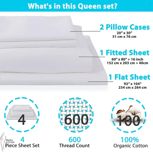 Miniatura 3 de Juego de sábanas de 100 % algodón, tamaño Queen, 600 hilos, juego de ropa de cama de 4 piezas con bolsillo profundo de 16 pulgadas, sábanas