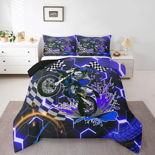 Miniatura 3 de Erosebridal Juego de edredón individual de motocicleta de carreras para niños, juego de ropa de cama de panal con luces de neón azules, motocross